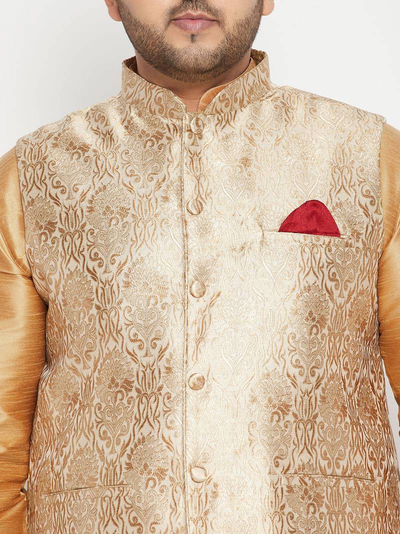 Plus rose gold, rose gold and white silk blend jacket kurta dhoti set