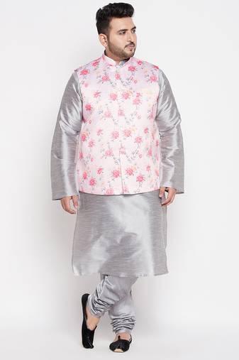 grey and peach silk blend jacket kurta pyjama set