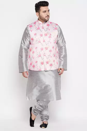 Plus grey and peach silk blend jacket kurta pyjama set