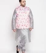 grey and peach silk blend jacket kurta pyjama set