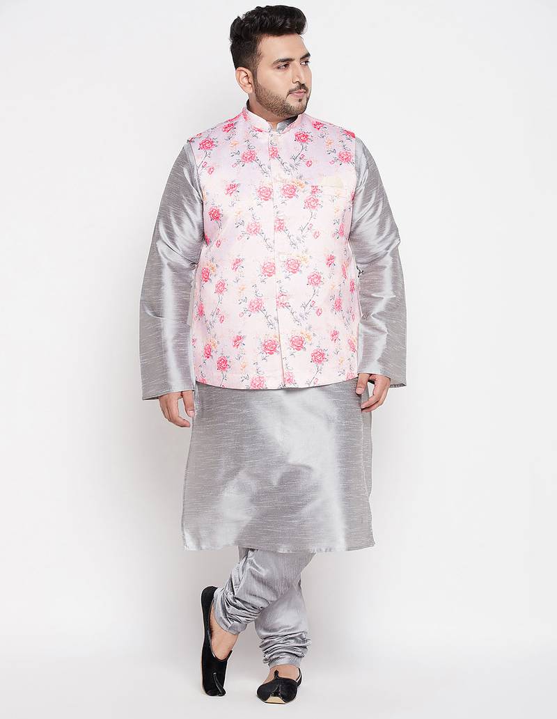 Plus grey and peach silk blend jacket kurta pyjama set