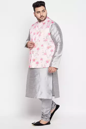 grey and peach silk blend jacket kurta pyjama set