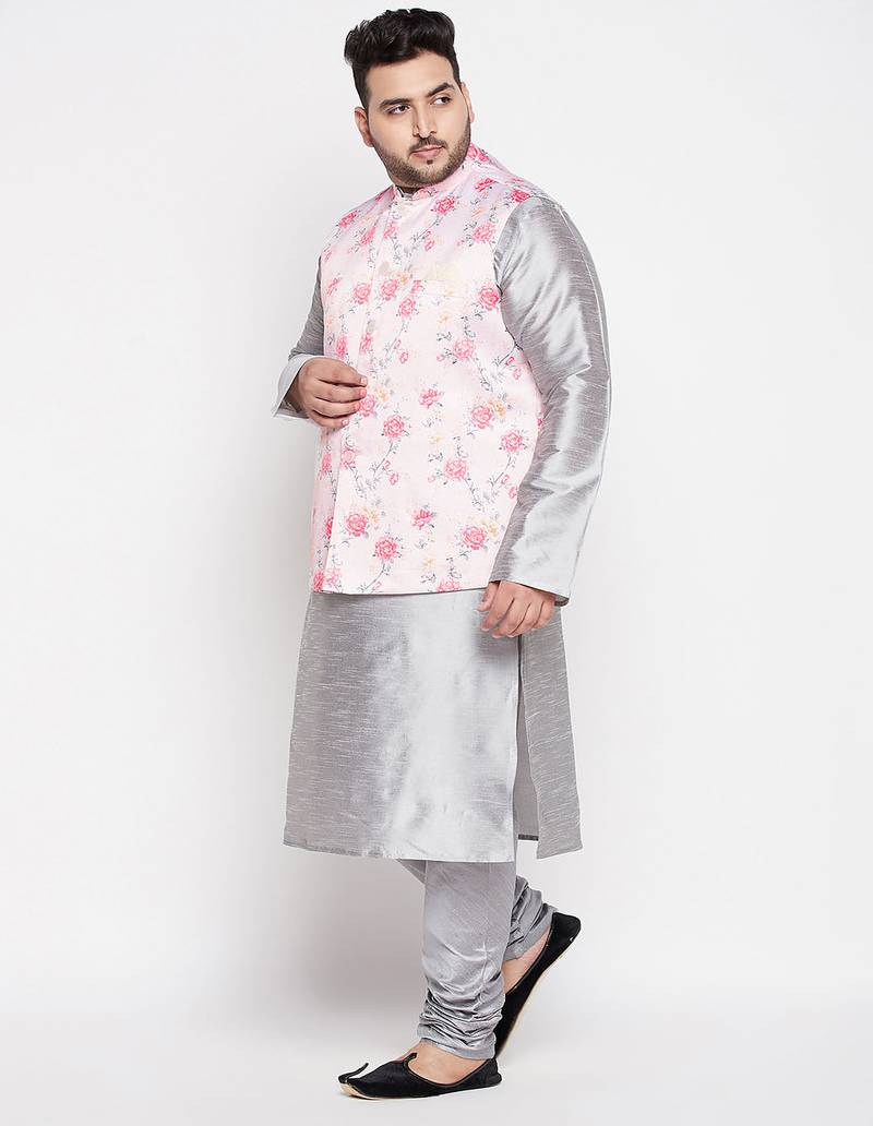 Plus grey and peach silk blend jacket kurta pyjama set