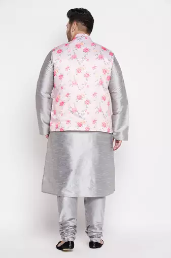 grey and peach silk blend jacket kurta pyjama set