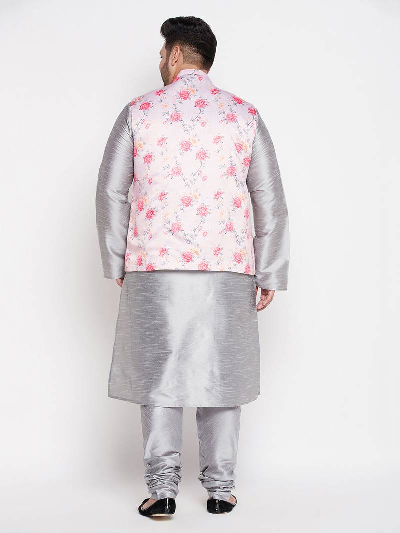 Plus grey and peach silk blend jacket kurta pyjama set