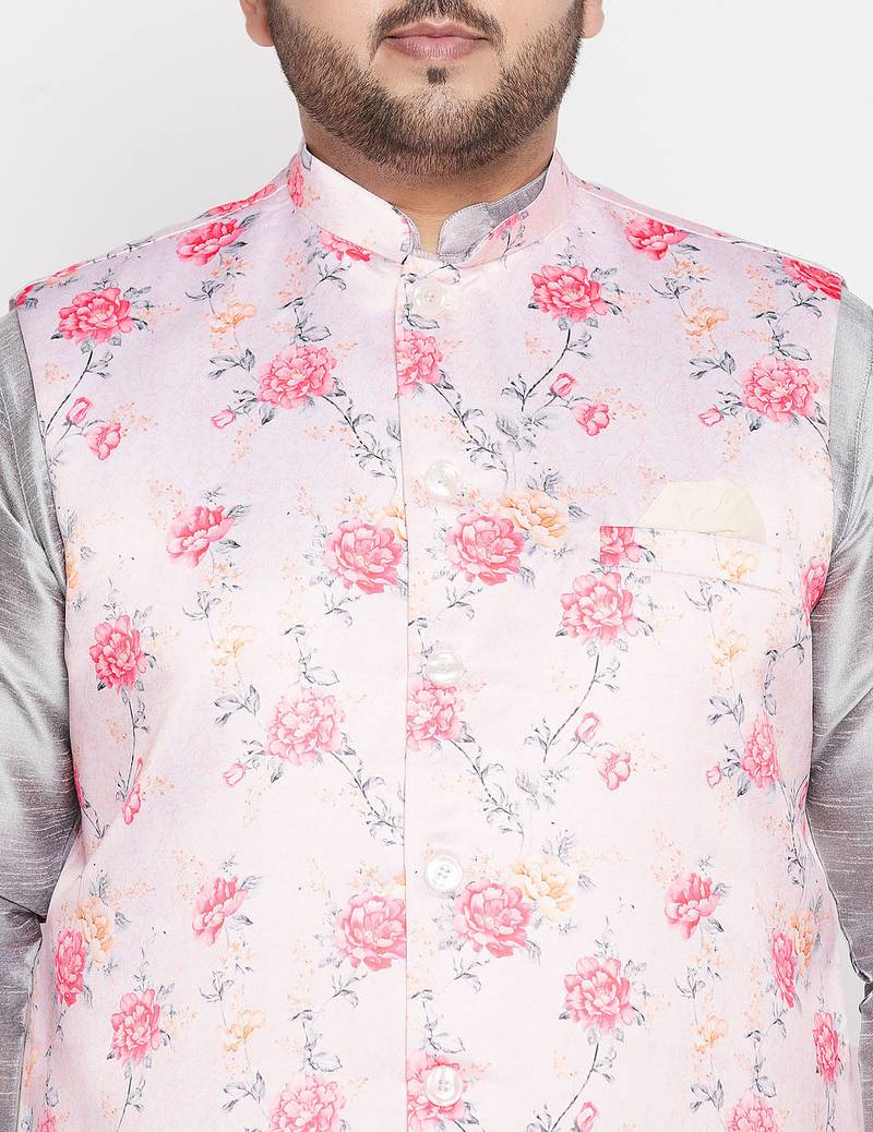 Plus grey and peach silk blend jacket kurta pyjama set