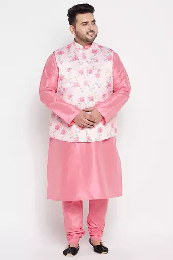 Plus pink and peach silk blend jacket kurta pyjama set