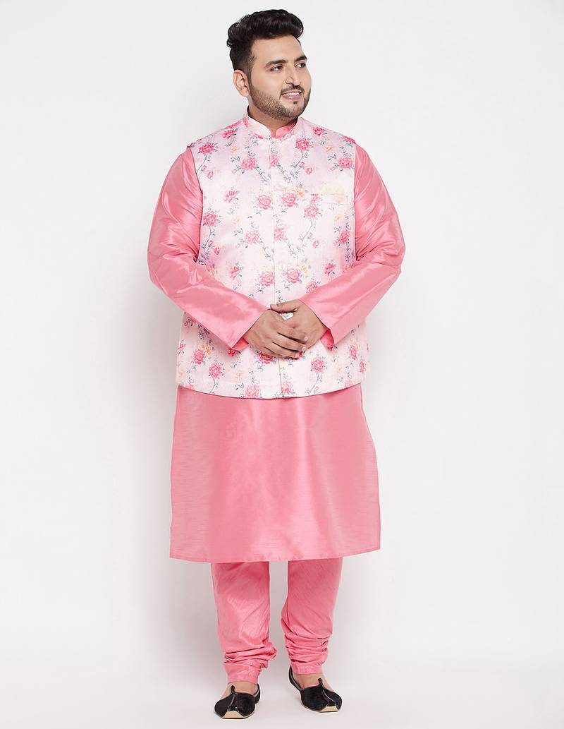 Plus pink and peach silk blend jacket kurta pyjama set