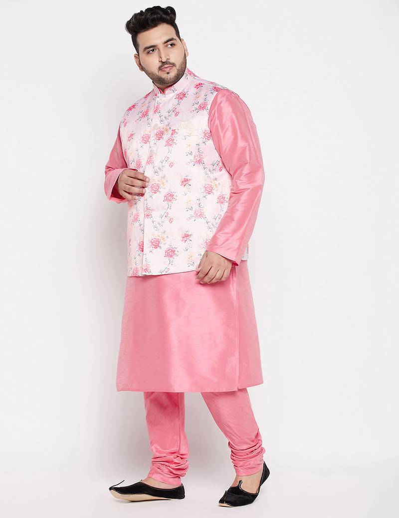 Plus pink and peach silk blend jacket kurta pyjama set