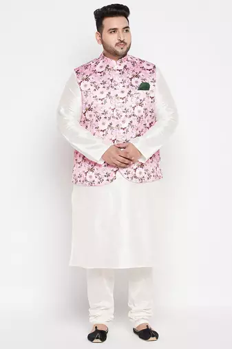 cream and pink silk blend jacket kurta pyjama set