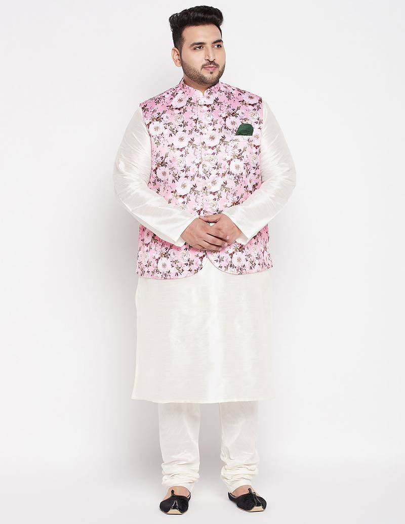 Plus cream and pink silk blend jacket kurta pyjama set