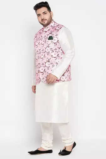 cream and pink silk blend jacket kurta pyjama set