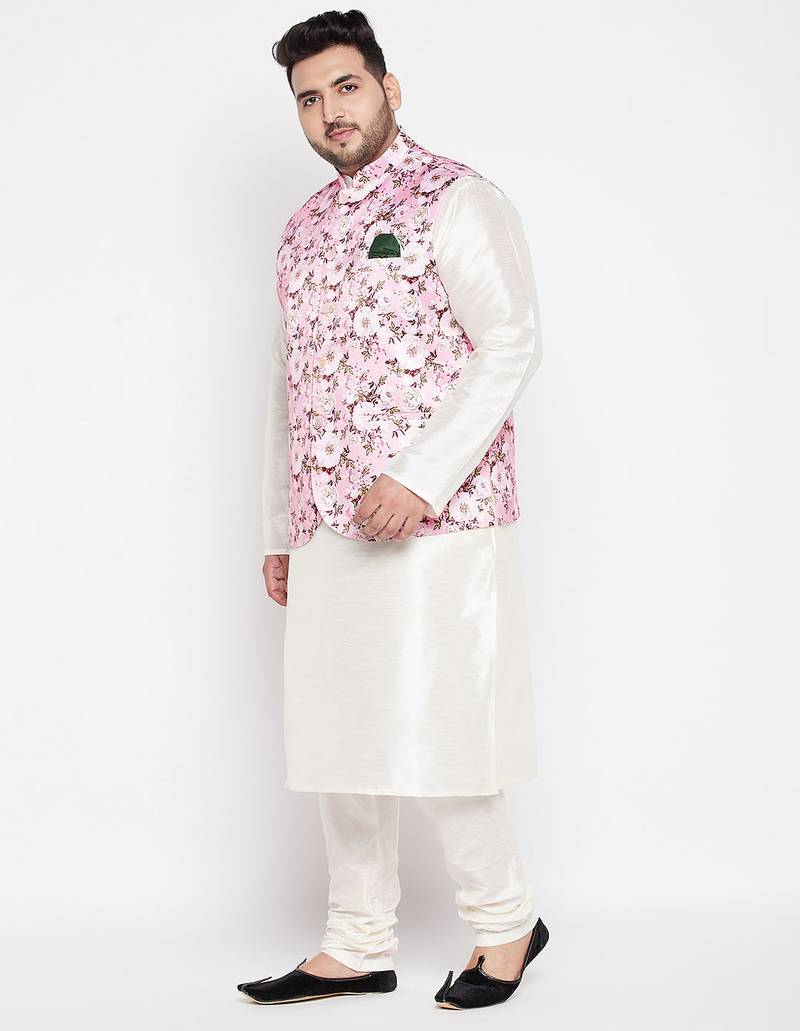 Plus cream and pink silk blend jacket kurta pyjama set