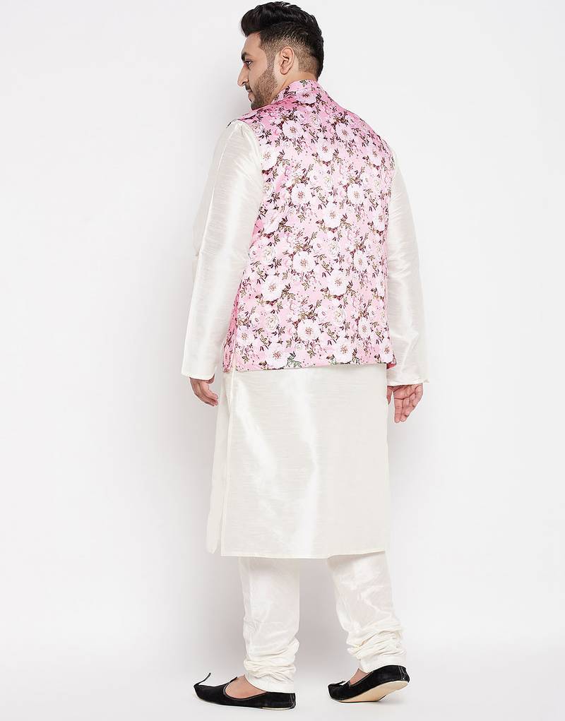 Plus cream and pink silk blend jacket kurta pyjama set