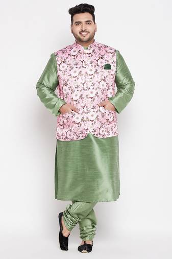 mint green and pink silk blend jacket kurta pyjama set