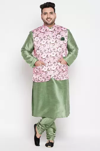 Plus mint green and pink silk blend jacket kurta pyjama set