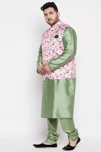 mint green and pink silk blend jacket kurta pyjama set