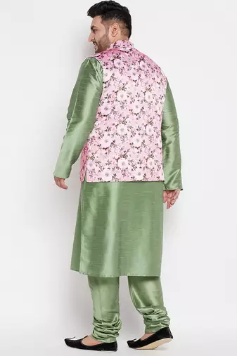 mint green and pink silk blend jacket kurta pyjama set