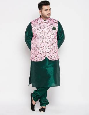 green and pink silk blend jacket kurta pyjama set 1