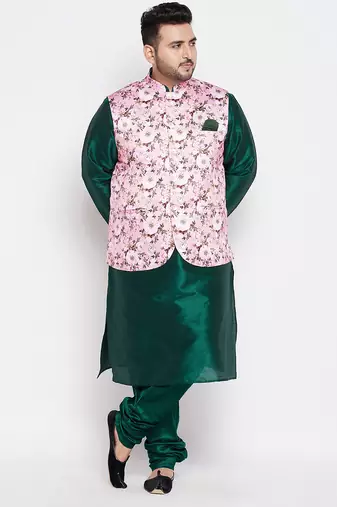 Plus green and pink silk blend jacket kurta pyjama set