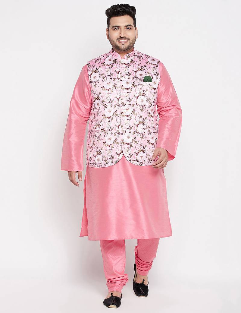 Plus pink silk blend jacket kurta pyjama set