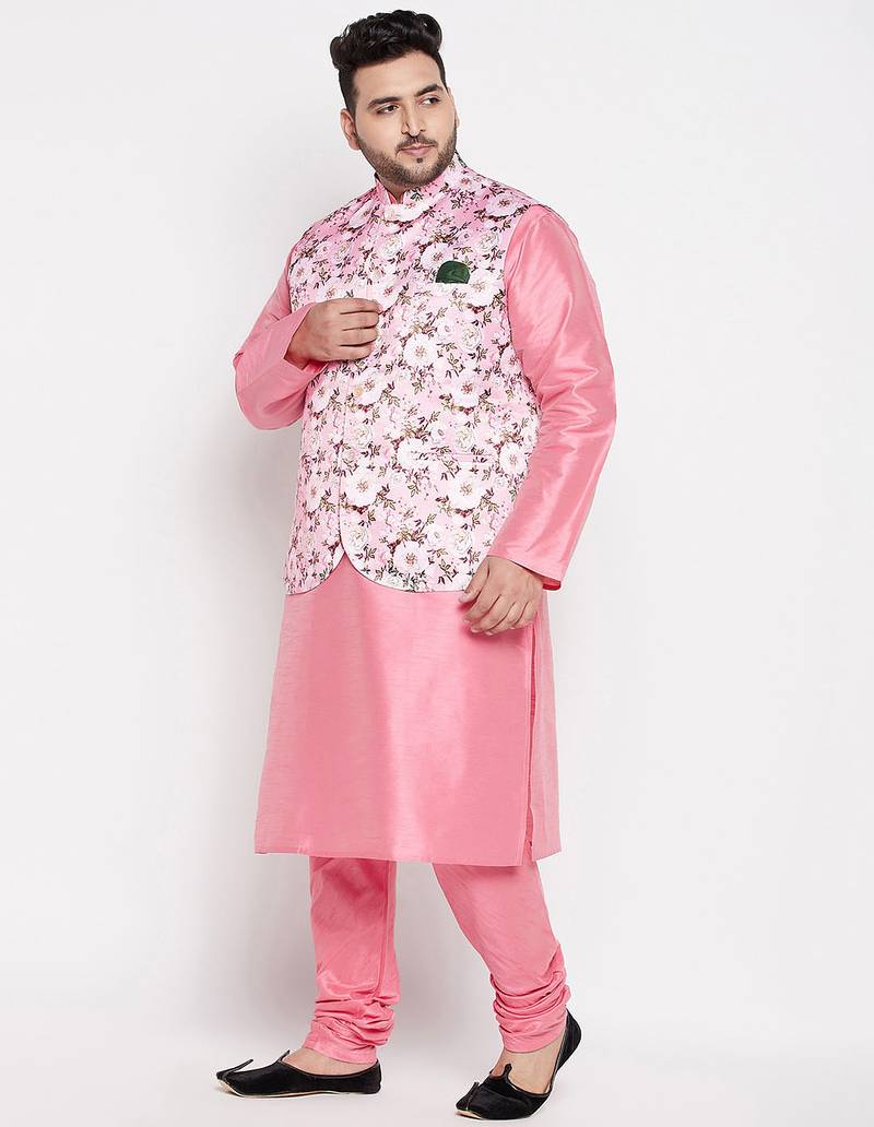 Plus pink silk blend jacket kurta pyjama set