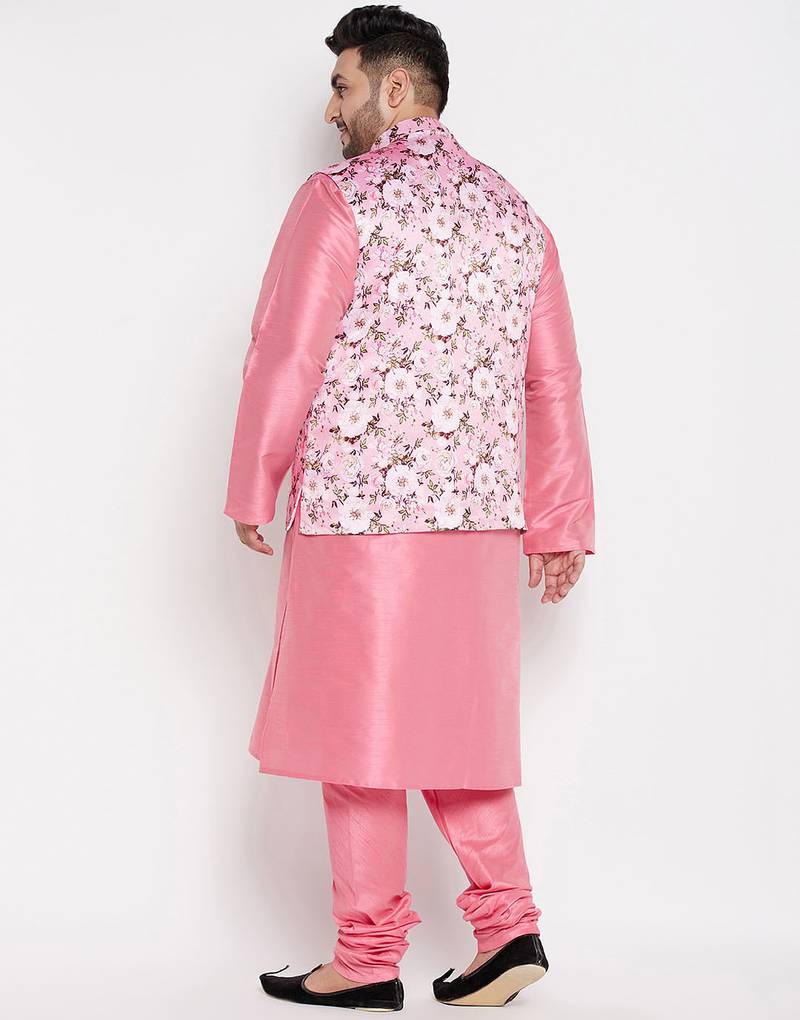 Plus pink silk blend jacket kurta pyjama set