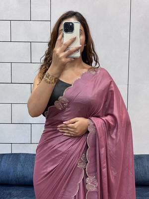onionpink two tone chocolate fabric with siroski diamond work saree with blouse 2