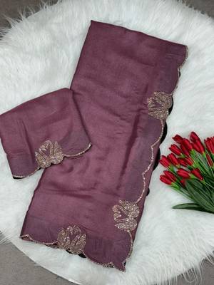 onionpink two tone chocolate fabric with siroski diamond work saree with blouse 3