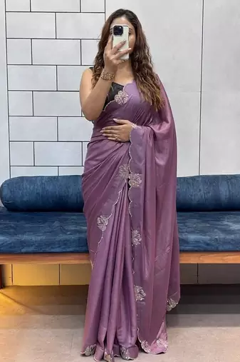 lavender two tone chocolate fabric with siroski diamond work saree with blouse