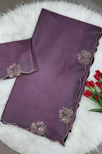 lavender two tone chocolate fabric with siroski diamond work saree with blouse