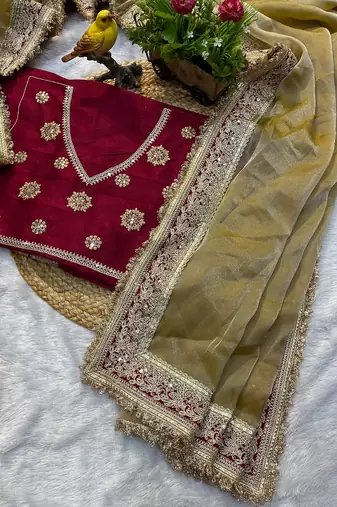 cream mocha silk blend with coading sequin lace work saree with unstitched blouse