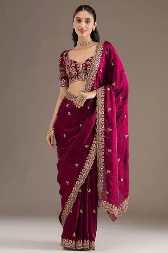 ranipink fendy satin silk blend with sequence work saree with unstitched blouse