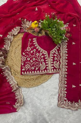 ranipink fendy satin silk blend with sequence work saree with unstitched blouse