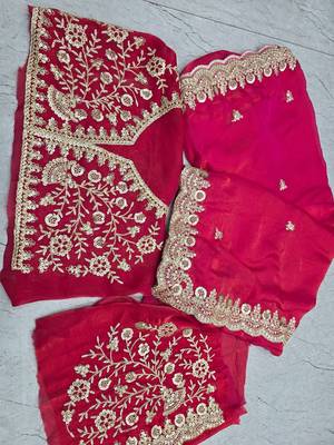 ranipink fendy satin silk blend with sequence work saree with unstitched blouse 2