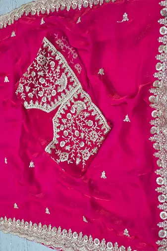 ranipink fendy satin silk blend with sequence work saree with unstitched blouse