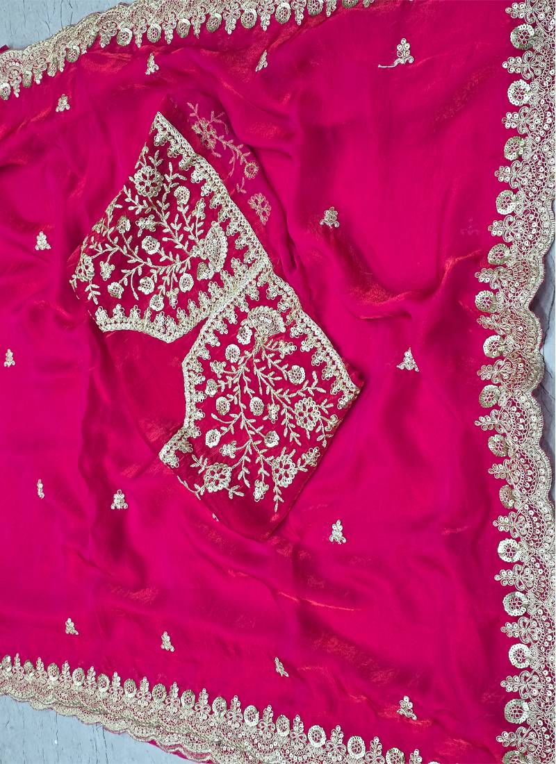 ranipink fendy satin silk blend with sequence work saree with unstitched blouse