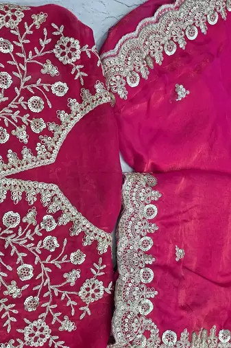 ranipink fendy satin silk blend with sequence work saree with unstitched blouse