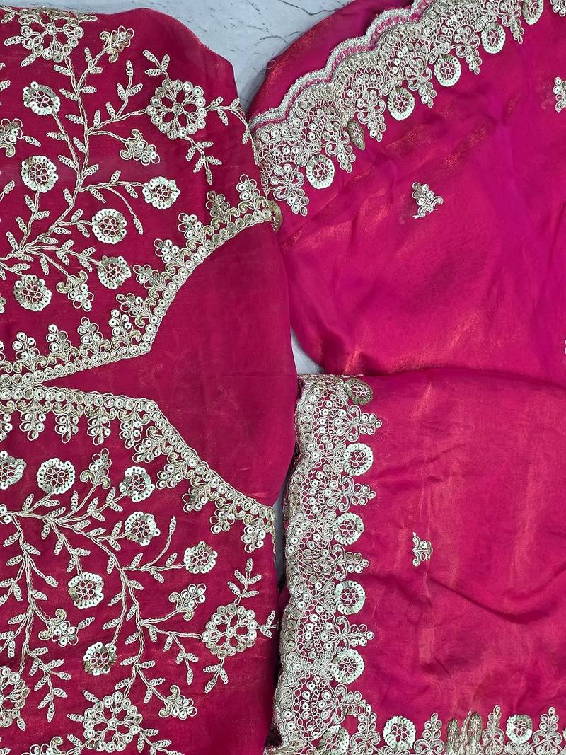 ranipink fendy satin silk blend with sequence work saree with unstitched blouse