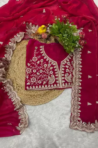 ranipink fendy satin silk blend with sequence work saree with unstitched blouse