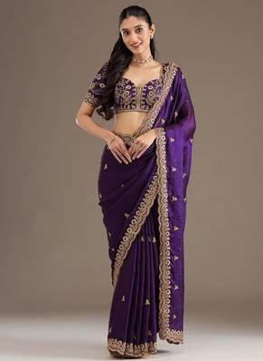 purple fendy satin silk blend with sequin work saree with unstitched blouse 1