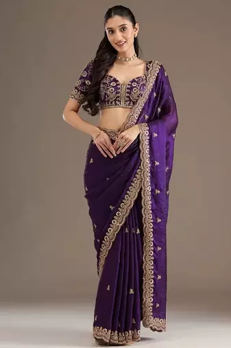 purple fendy satin silk blend with sequence work saree with unstitched blouse