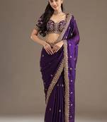 purple fendy satin silk blend with sequence work saree with unstitched blouse