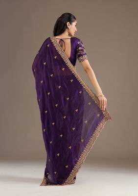 purple fendy satin silk blend with sequin work saree with unstitched blouse 2