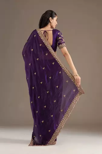 purple fendy satin silk blend with sequin work saree with unstitched blouse
