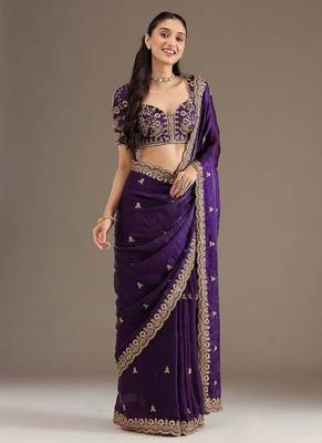purple fendy satin silk blend with sequin work saree with unstitched blouse 3