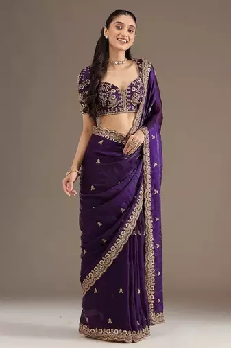 purple fendy satin silk blend with sequin work saree with unstitched blouse