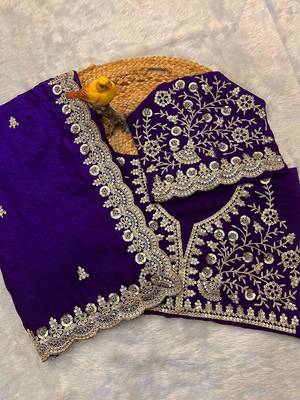 purple fendy satin silk blend with sequin work saree with unstitched blouse 5