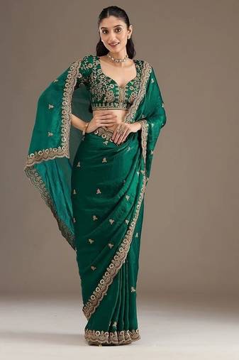 green fendy satin silk blend with sequence work saree with unstitched blouse