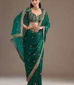 green fendy satin silk blend with sequence work saree with unstitched blouse